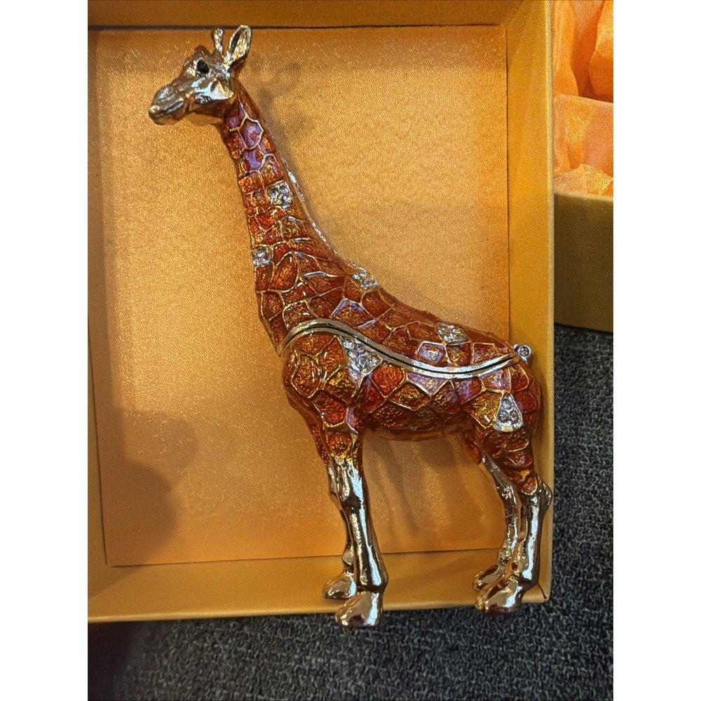 New Jeweled Giraffe Trinket Box Enameled Crystal Hinged Animal Figurine Decor